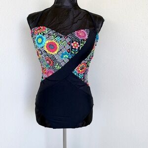 Into The Bleu Floral Geometric One Piece Swimsuit Women 6 Black Multicolor